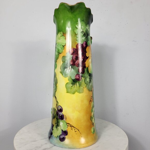 VINTAGE HUGE 15" JPL LIMOGES HAND PAINTED GRAPES DRAGON HANDLE TANKARD PITCHER - Picture 5 of 16